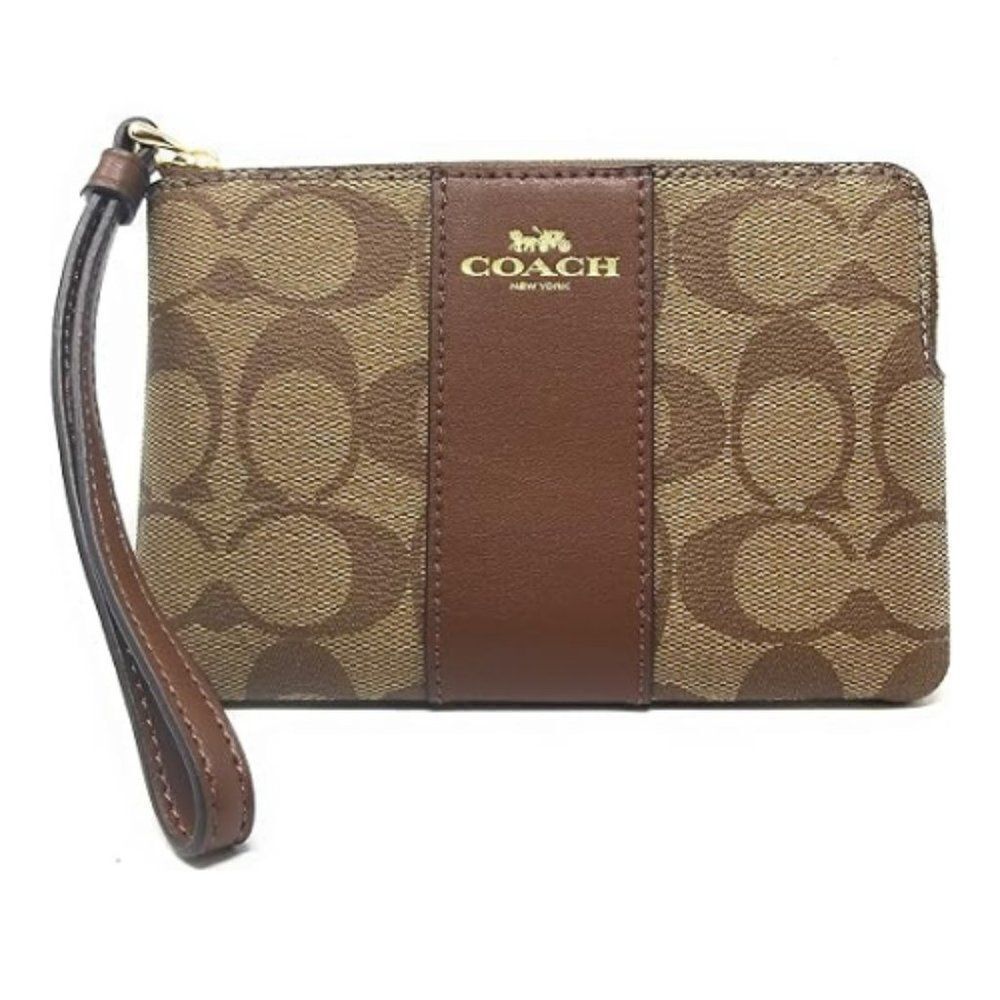 Coach Women's Khaki Saddle Corner Zip Signature Canvas Wristlet Wallet